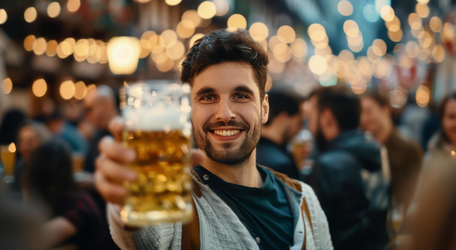 Young Man Holding Beer Mug at Festive Market During Evening Hours photo