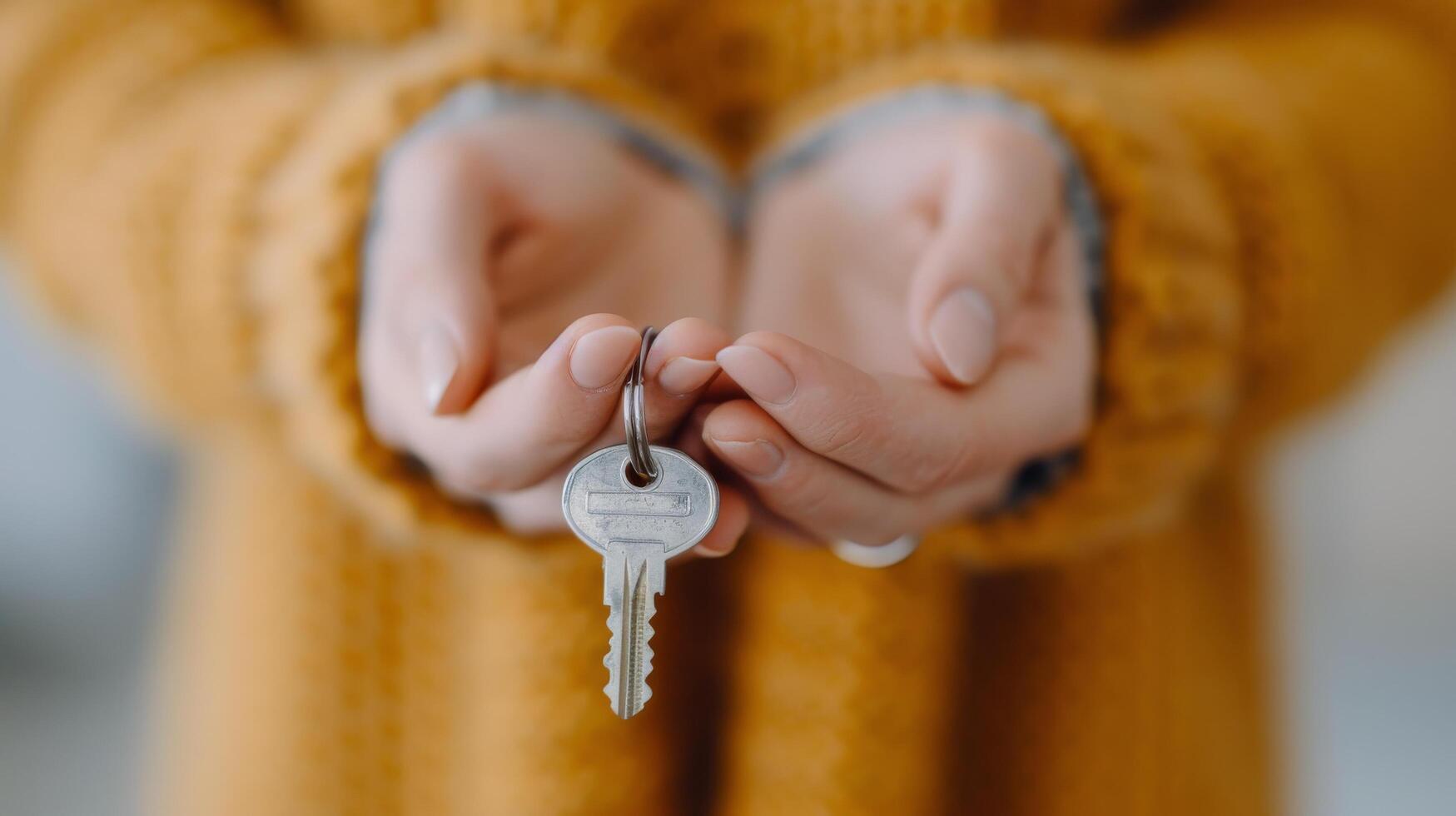 Person Holding Key in Both Hands Wearing Cozy Sweater photo