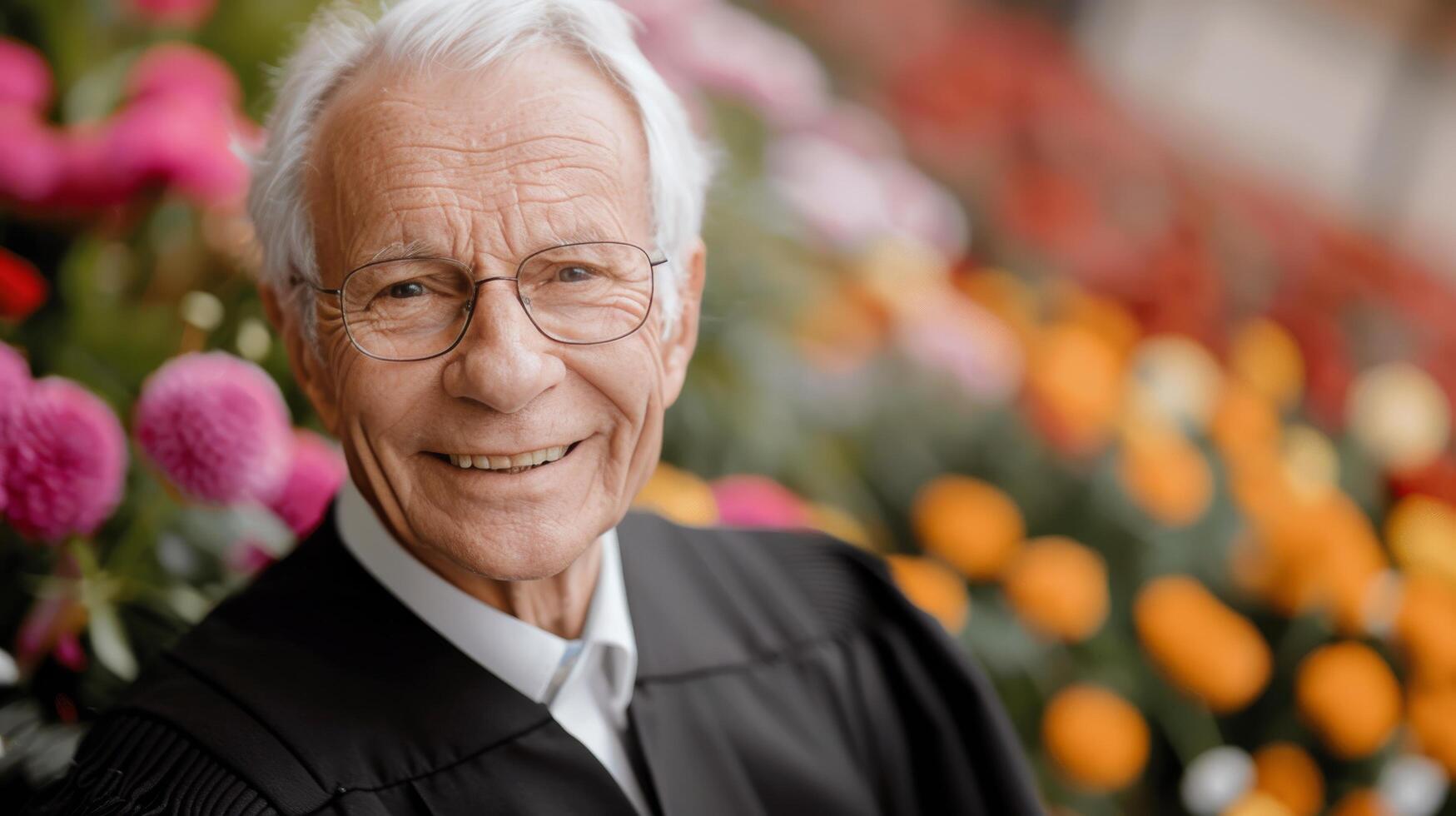 Elderly Judge Smiling Amidst Colorful Flowers in a Garden photo