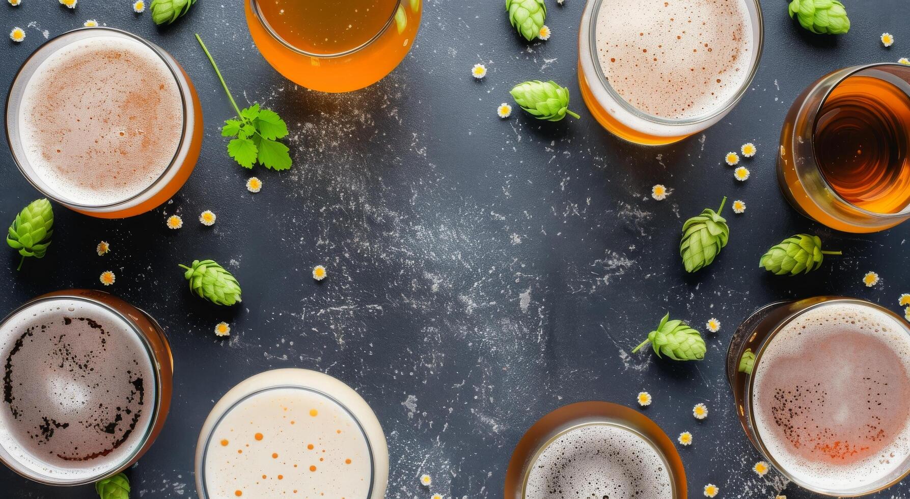 Craft Beers Arranged on a Dark Table With Fresh Hops photo