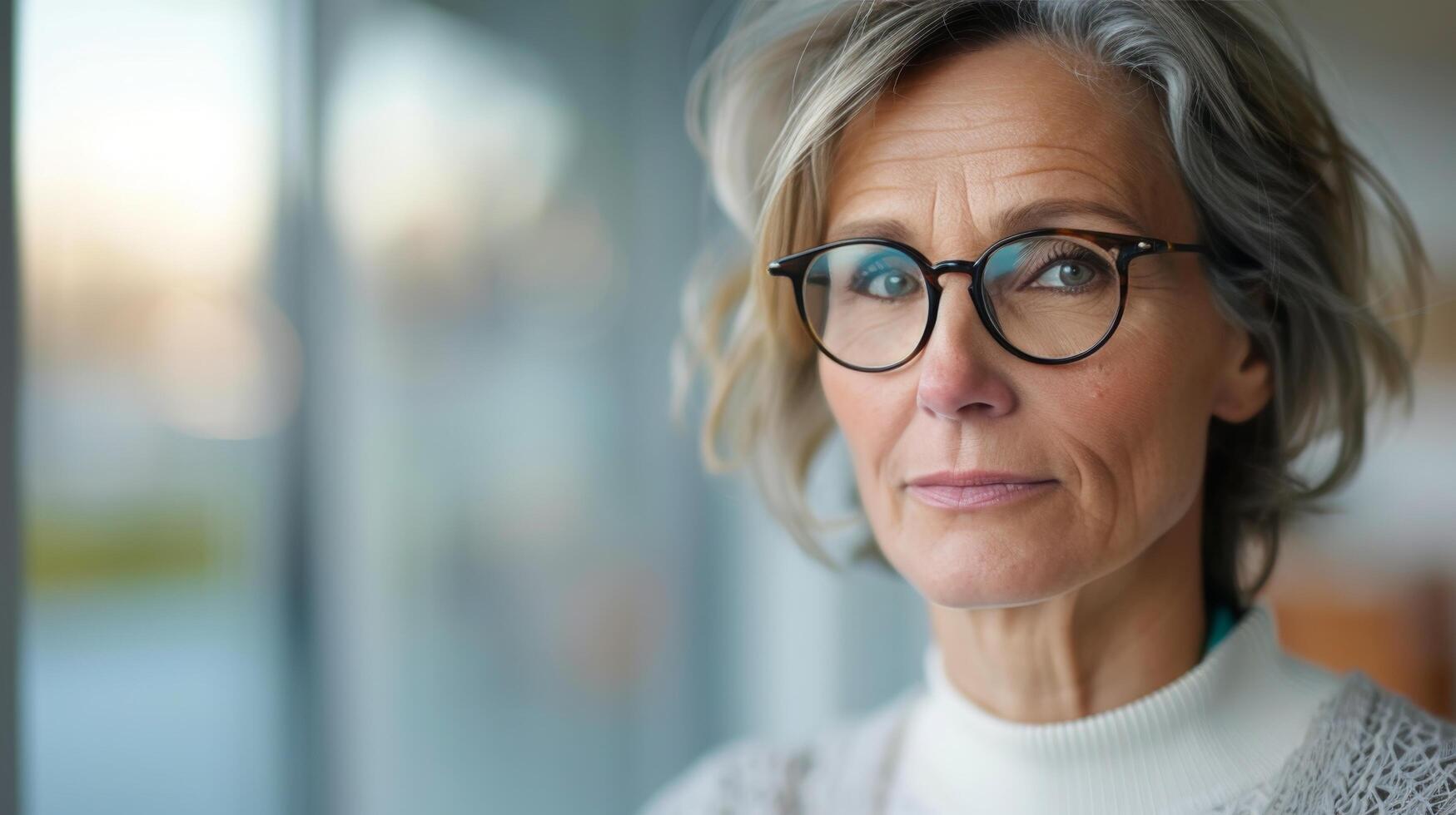 Smiling Woman in Gray Scarf Posing Indoors With Soft Natural Light photo