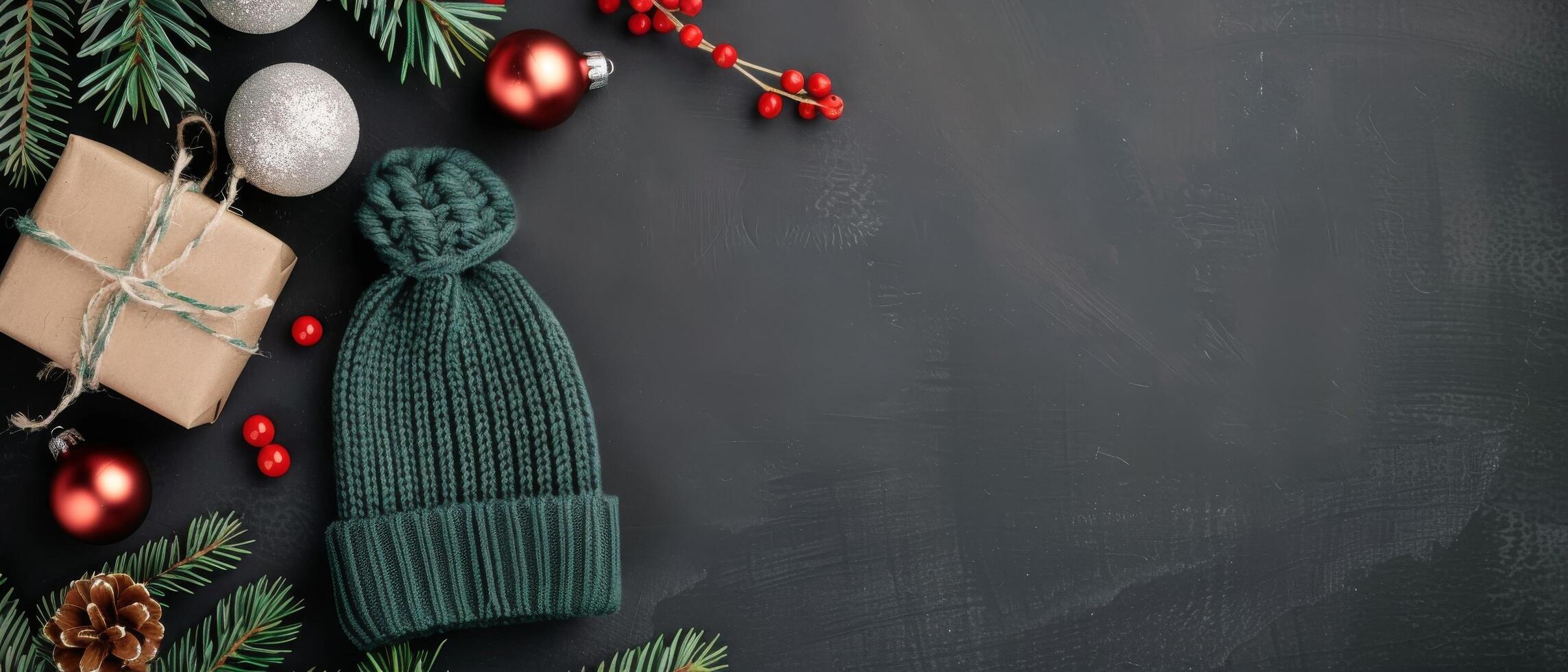 Green Knit Hat Surrounded by Christmas Ornaments and Snowflakes on Dark Background photo