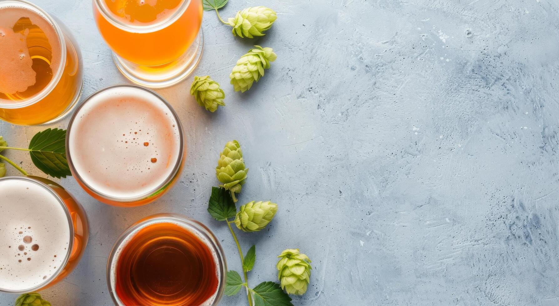 Assorted Craft Beers and Fresh Hops on Blue Surface During Afternoon Gathering photo