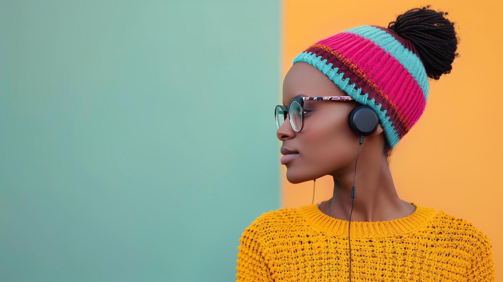 Young Woman Enjoying Winter Outdoors in Cozy Sweater With Headphones Near Holiday Lights photo