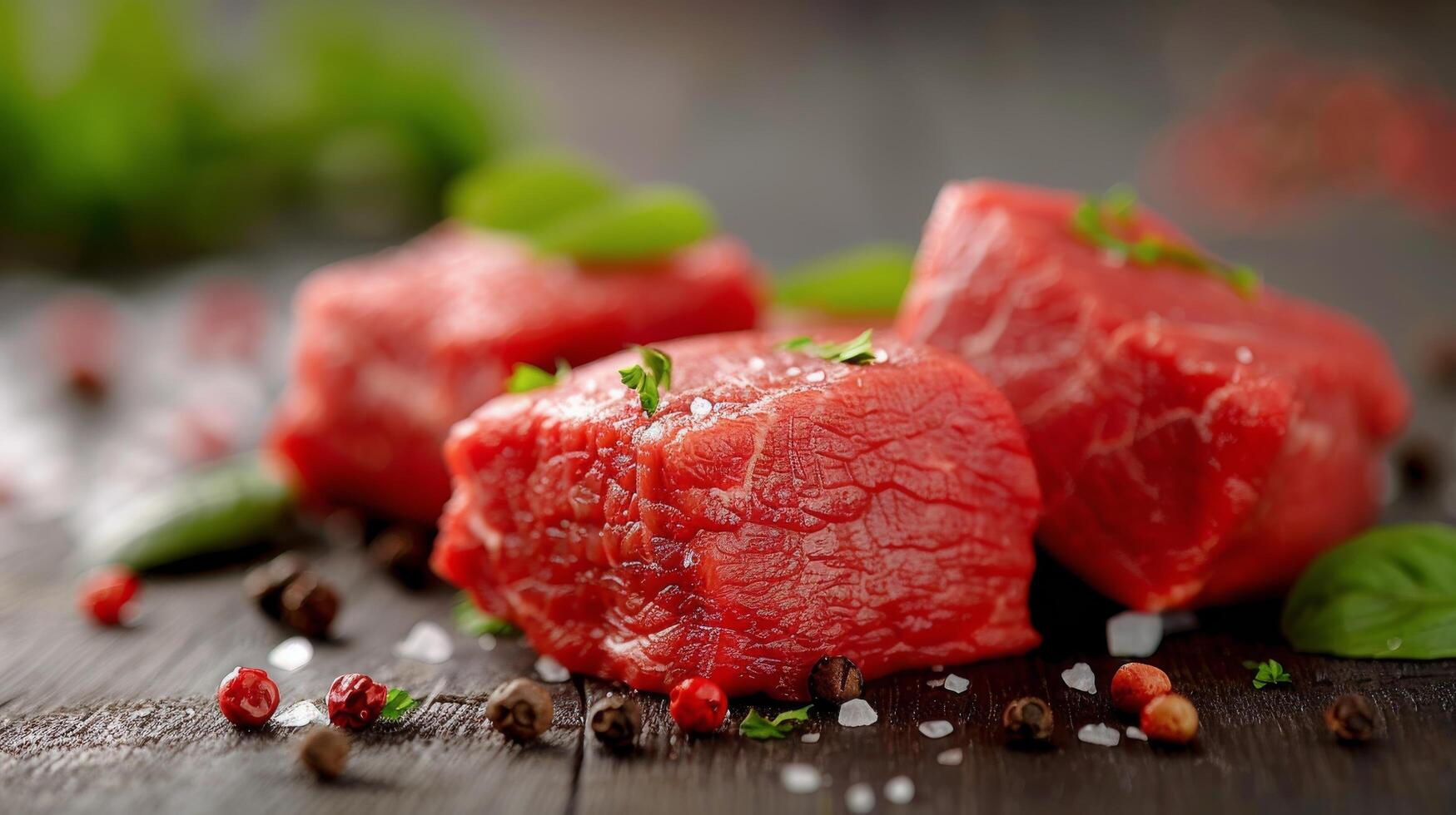 Fresh Cuts of Red Beef Chunks on Dark Wooden Table Ready for Cooking photo