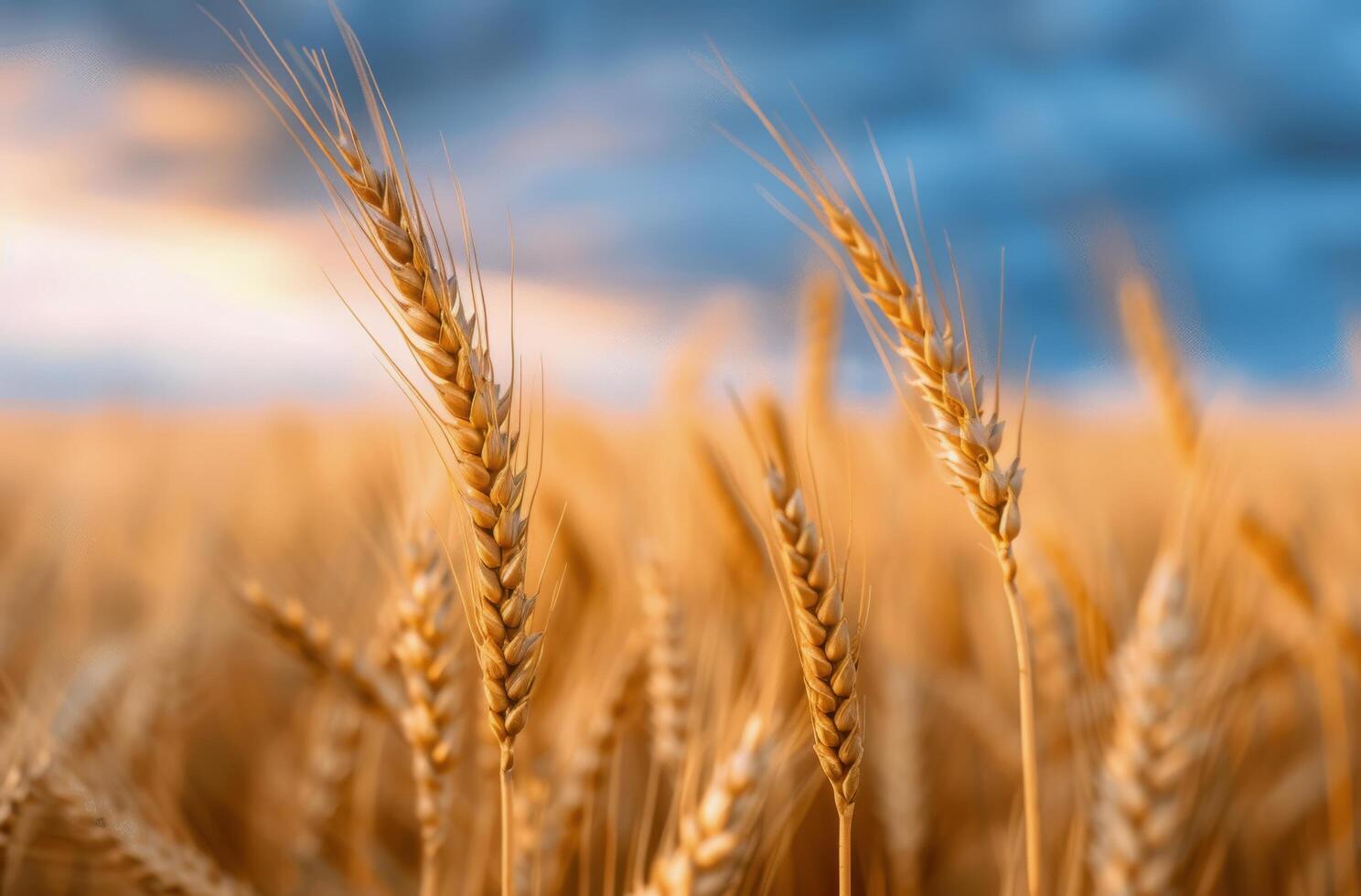 Golden Wheat Field Under Dramatic Cloudy Sky at Dusk photo