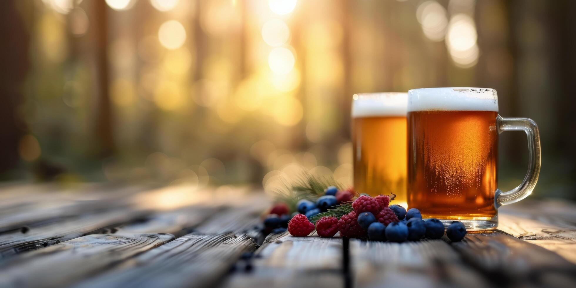 Refreshing Beer With Berries On Rustic Table In Forest During Sunset photo