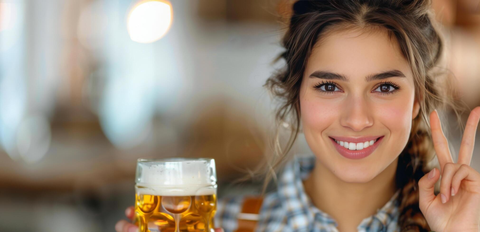 Young Woman Smiling While Holding Beer in Trendy Cafe During Evening Gatherings photo