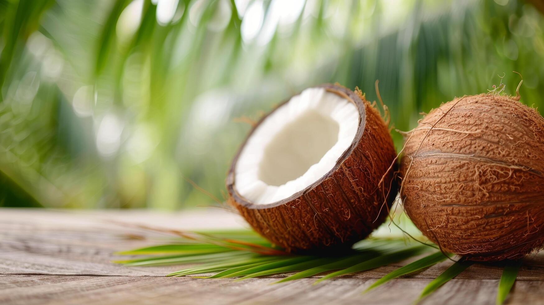 Fresh Coconuts Halved on Rustic Wooden Table photo