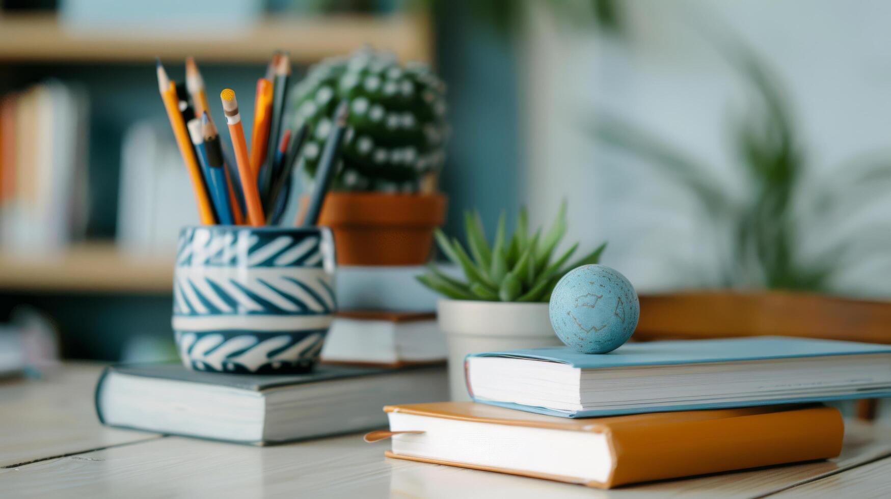 Stacked Books With Potted Plant Against Blurred Background of a Cozy Library photo