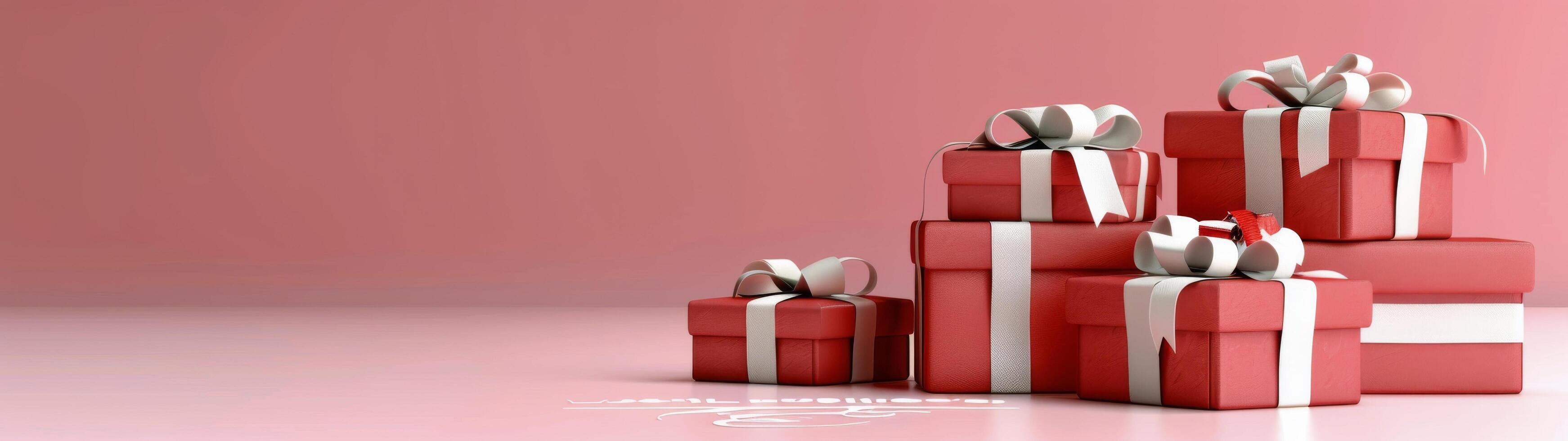 Assorted Red Gift Boxes Decorated With Ribbons in a Soft Pink Background photo
