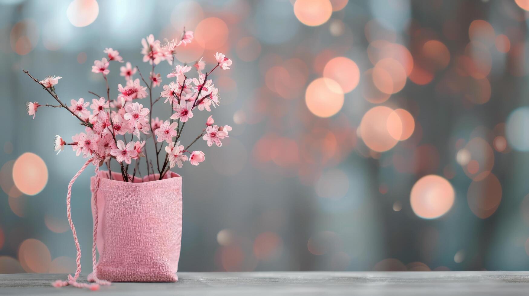 Delicate Pink Cherry Blossom Arrangement in Soft-Focused Background With Warm Bokeh Lights photo