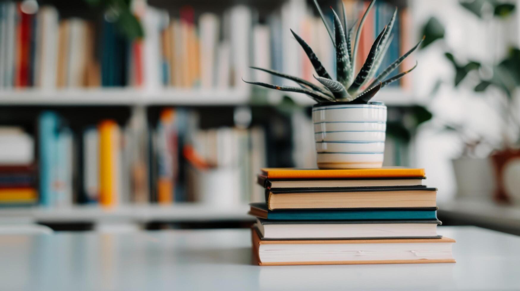 Stacked Books With Potted Plant Against Blurred Background of a Cozy Library photo