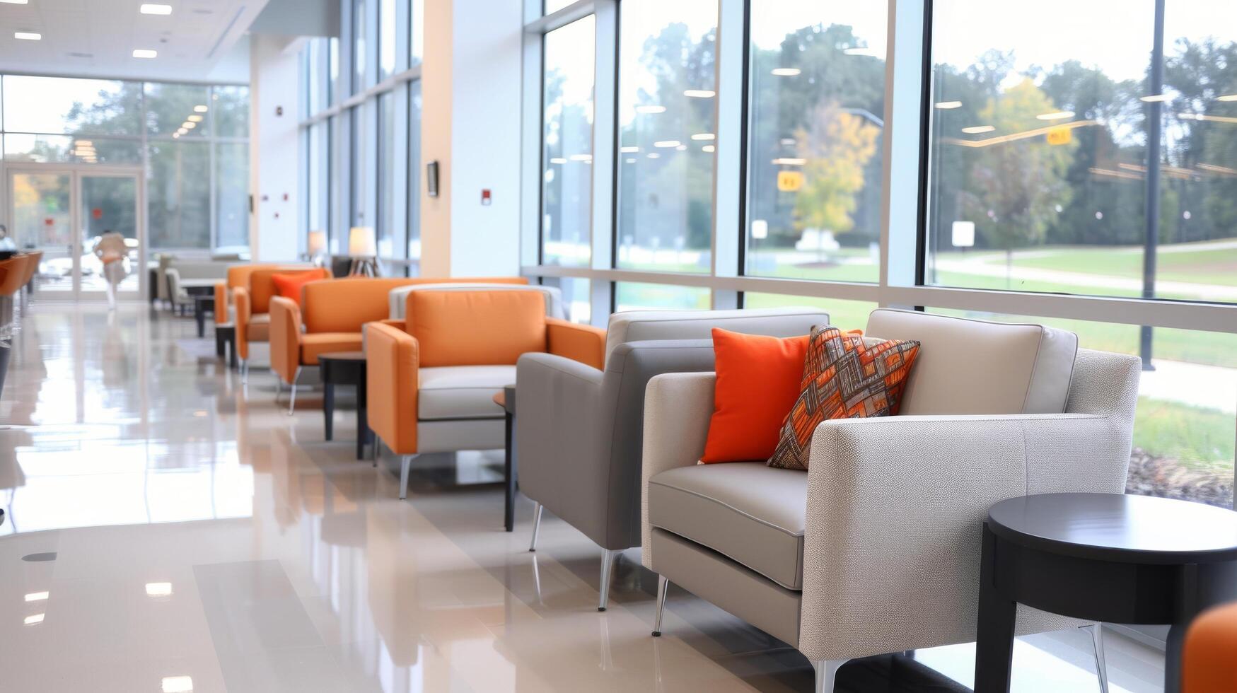 Modern Waiting Area With Comfortable Seating in a Medical Facility During Autumn photo