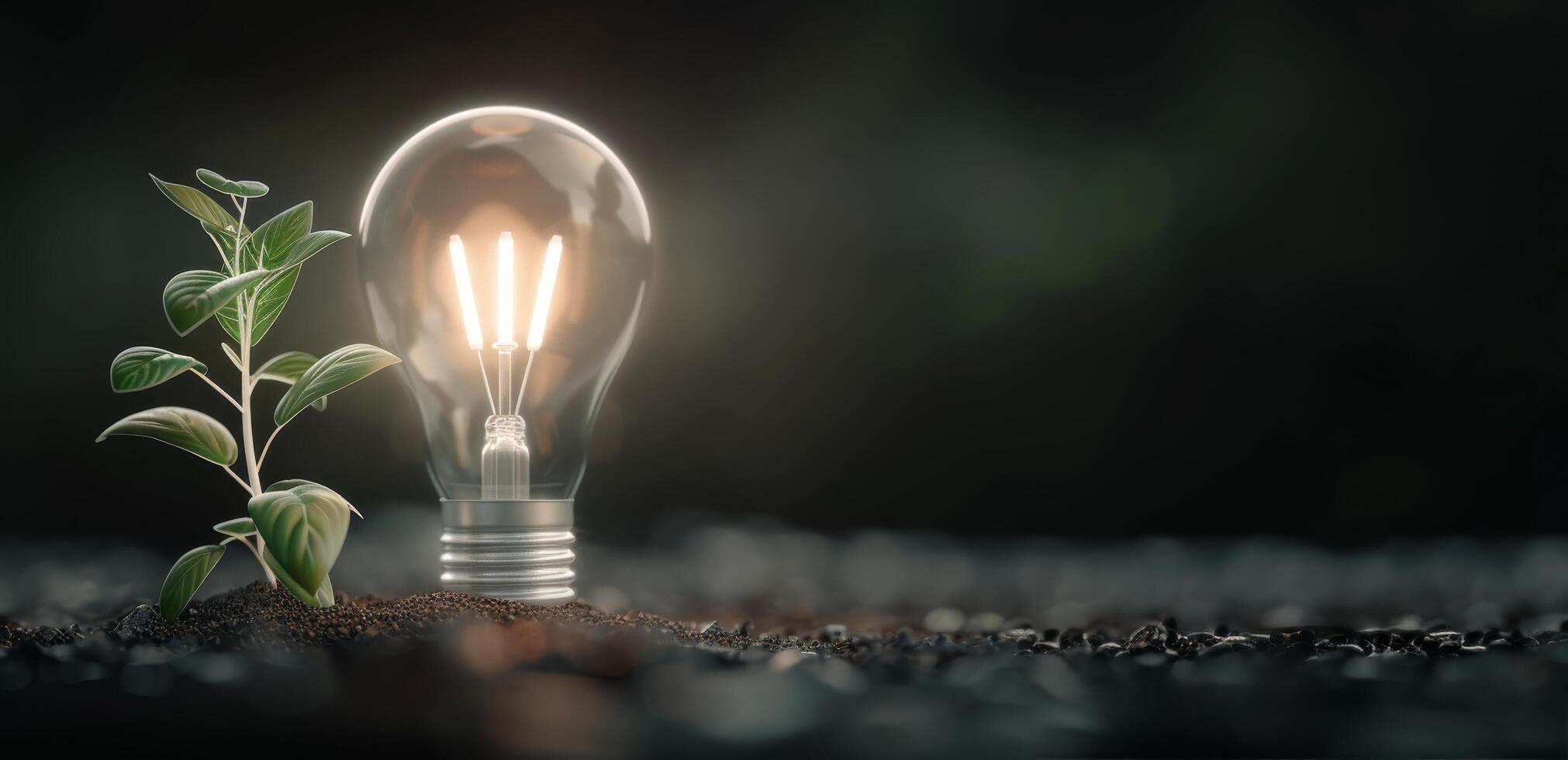 Light Bulb Containing Green Plant Growing in Soil on Dark Surface photo