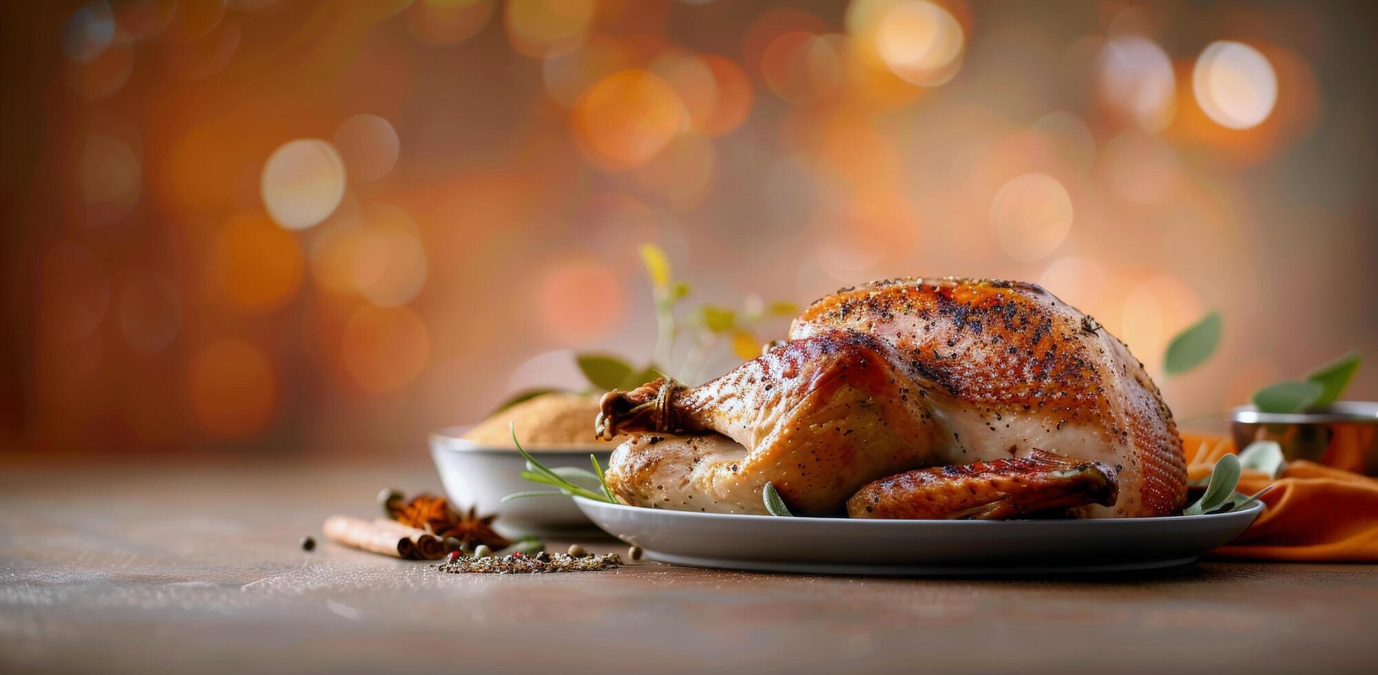 Roasted Turkey Garnished With Herbs and Spices on a Festive Table Setting photo