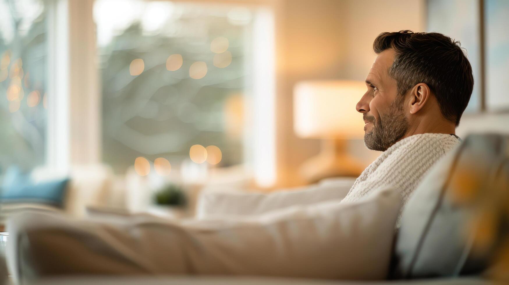 Man Working on Laptop in Cozy Living Room With Autumn View Outside photo
