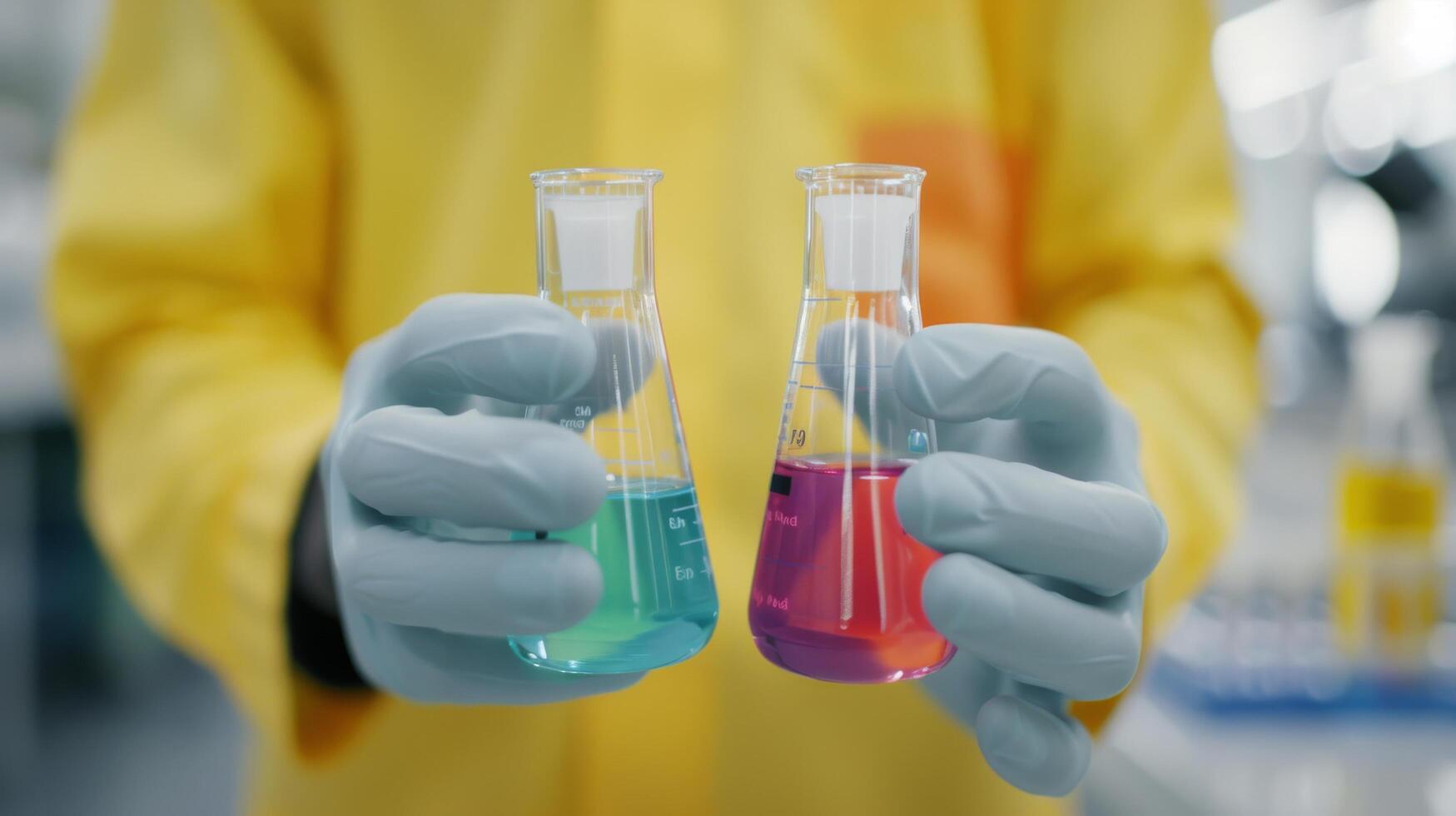 Scientist Holding Test Tubes With Colored Solutions in Laboratory Setting photo
