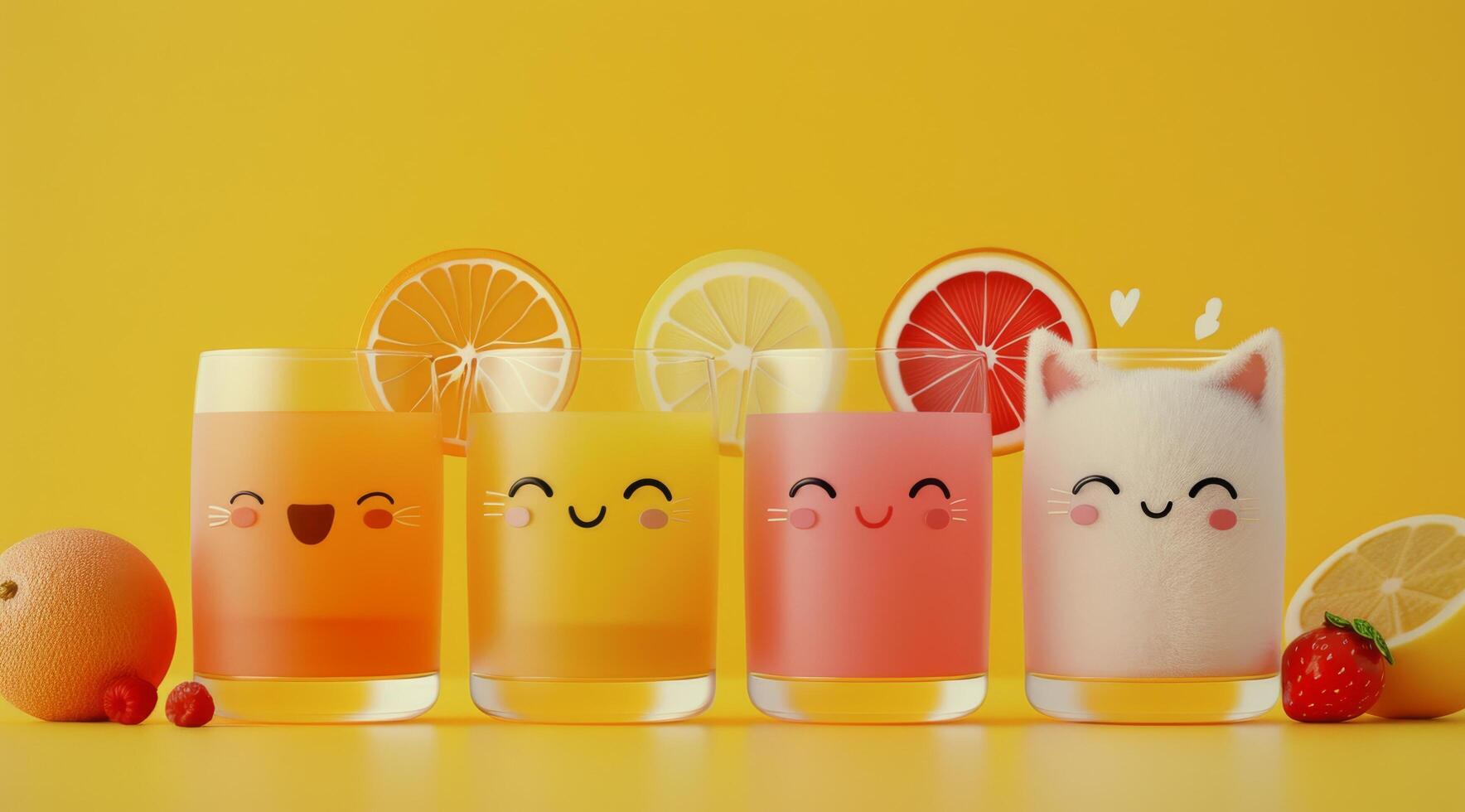 Colorful Fruity Drinks With Cute Faces on Yellow Background photo