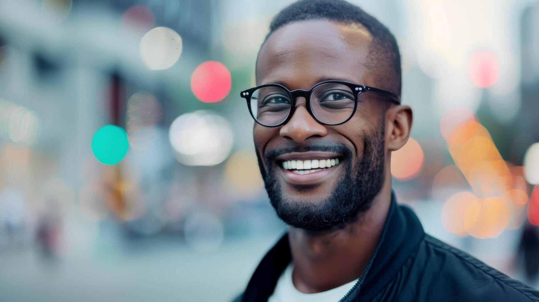 Smiling Man With Glasses in Busy Airport Terminal Holding Smartphone photo