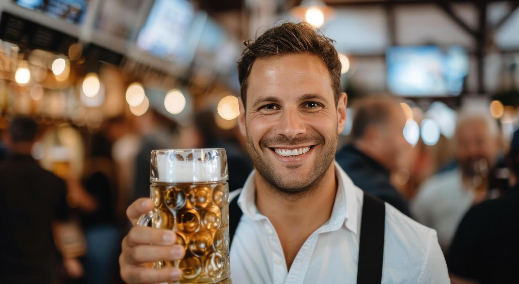 Man Smiling and Raising a Beer Glass at a Festive Gathering During the Evening photo