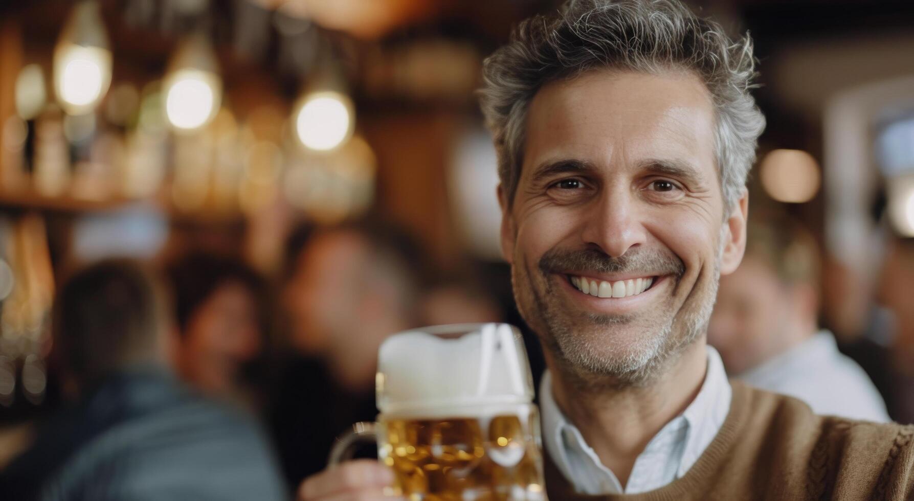 Man Holding Beer in Festival Crowd During Evening Celebration photo