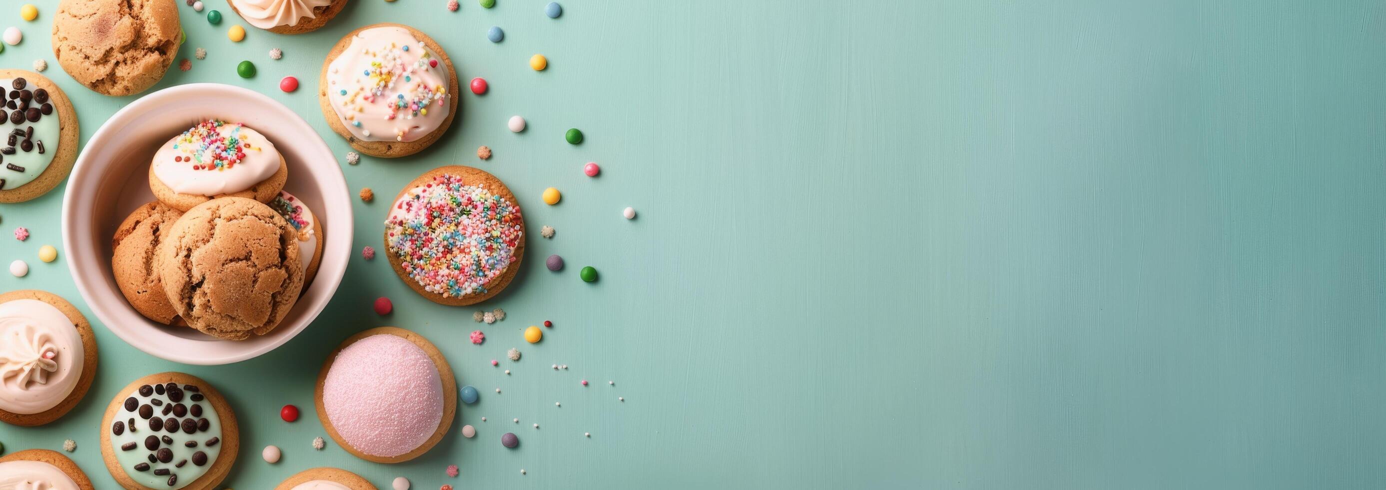 Assorted Cookies With Decorative Sprinkles on Light Blue Background photo