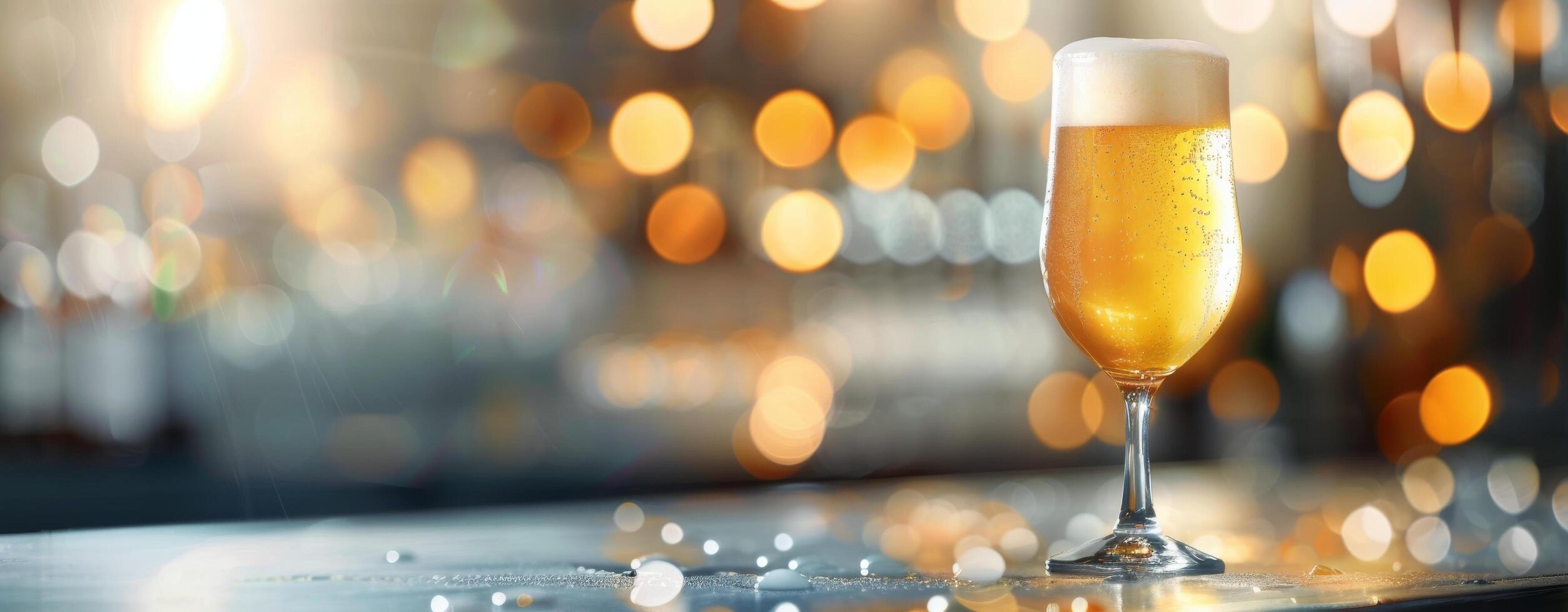 Golden Beer Glass Reflecting Warm Bar Lighting in Evening Hours photo