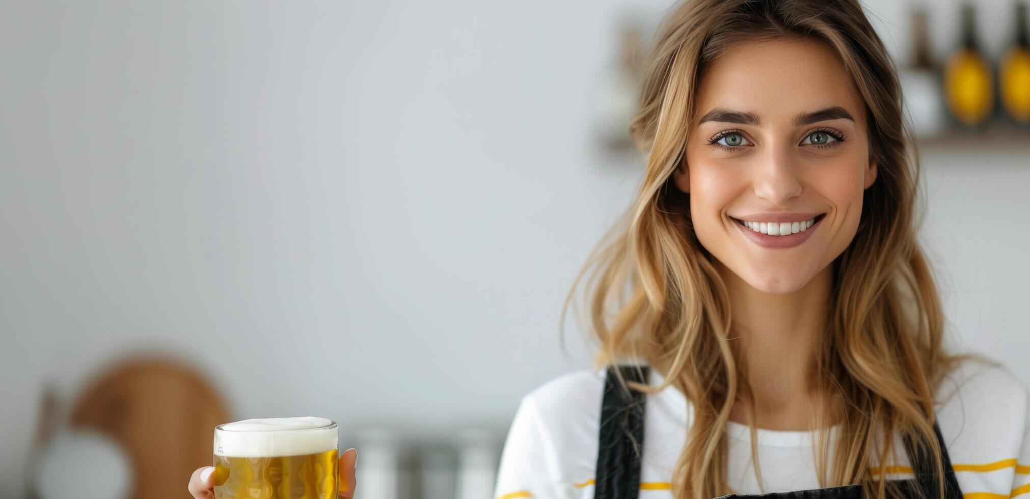 Smiling Bartender Serving Refreshing Beer in a Cozy Bar Interior photo