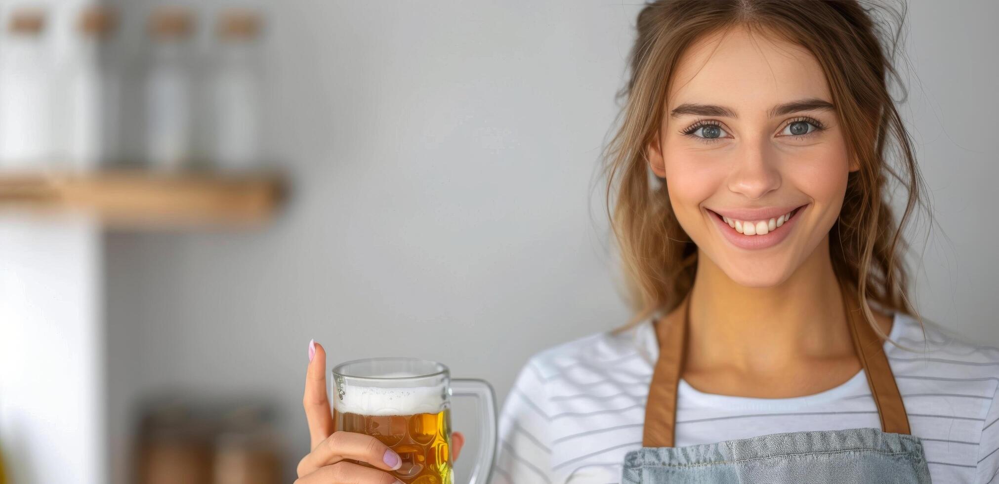 Smiling Bartender Serving Refreshing Beer in a Cozy Bar Interior photo