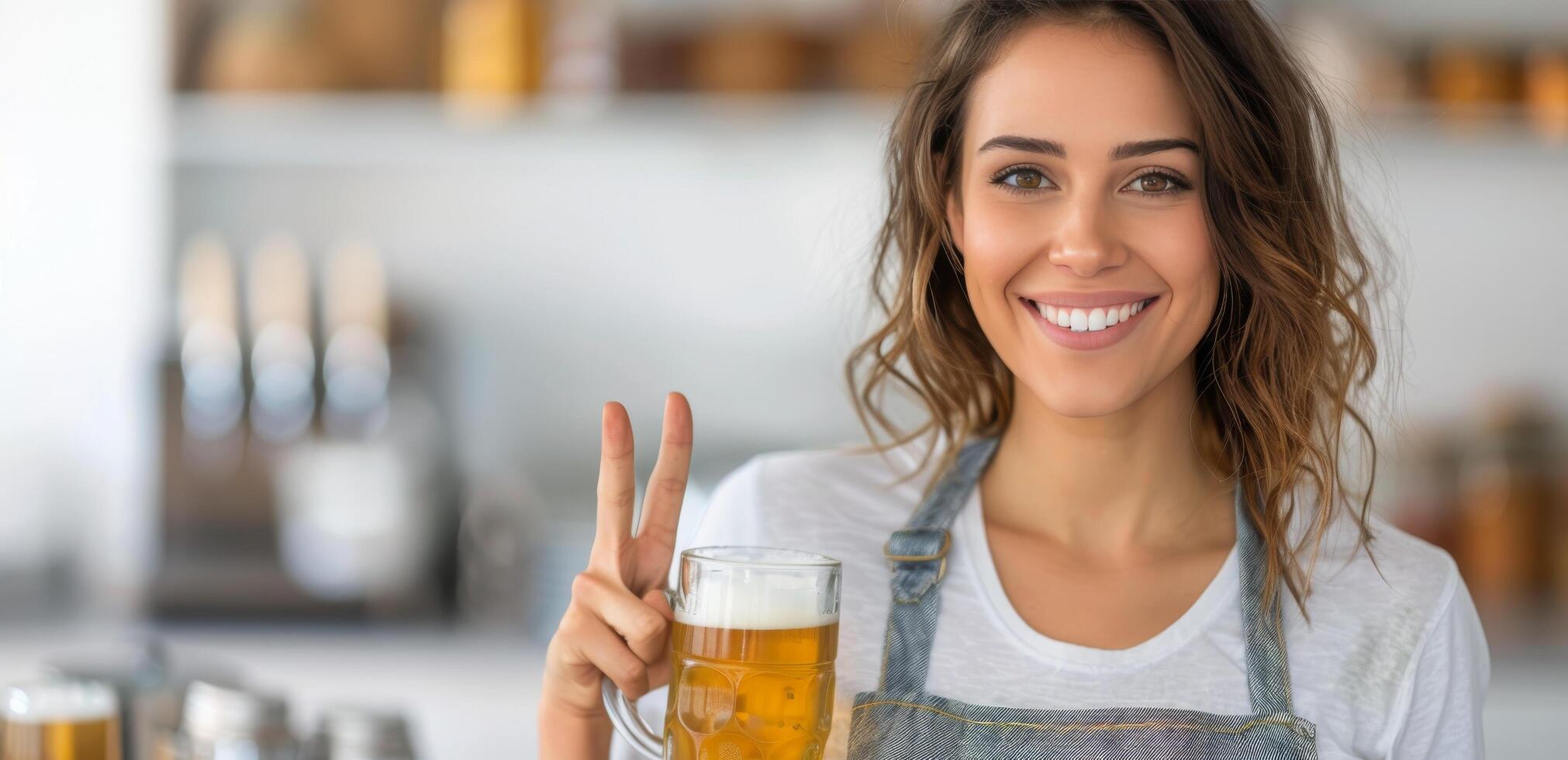 Smiling Bartender Serving Refreshing Beer in a Cozy Bar Interior photo
