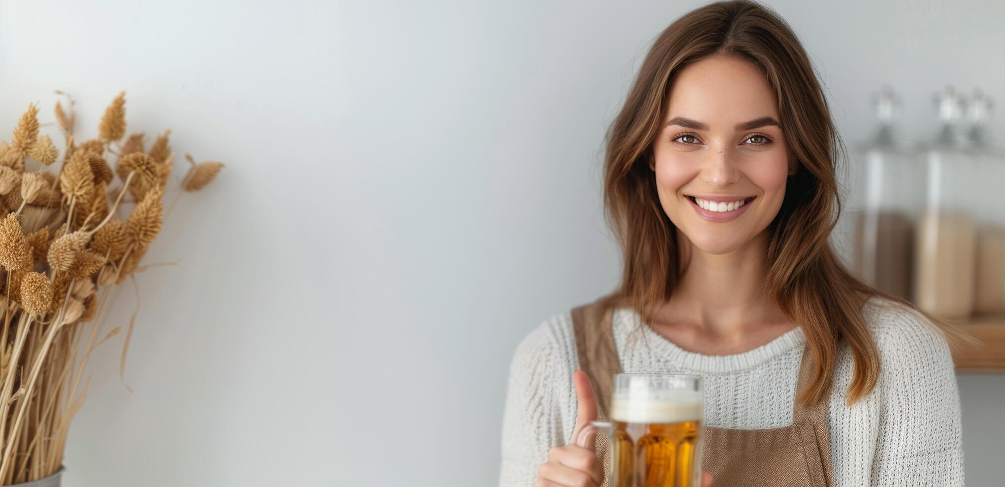 Smiling Bartender Serving Refreshing Beer in a Cozy Bar Interior photo