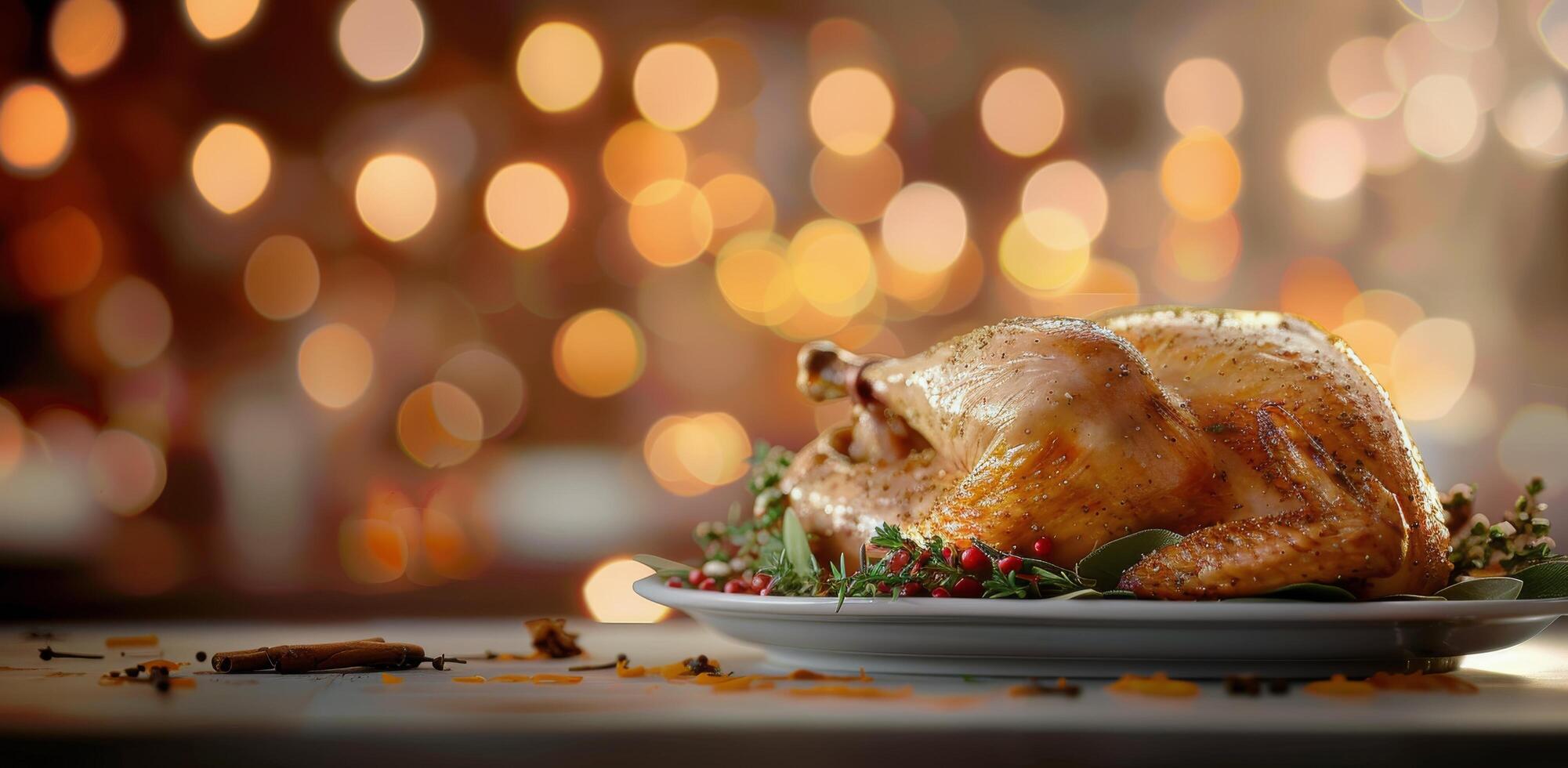 Roasted Turkey on Festive Table With Holiday Decorations photo