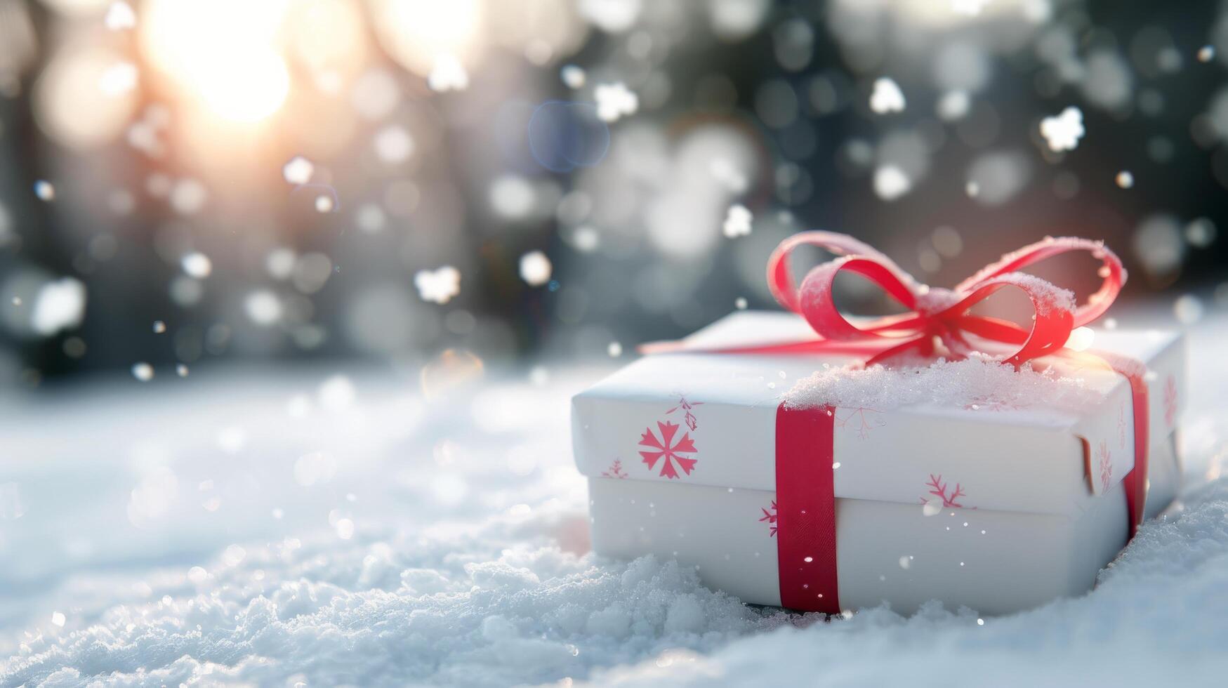 Wrapped Christmas Gift on Snowy Ground With Falling Snowflakes photo