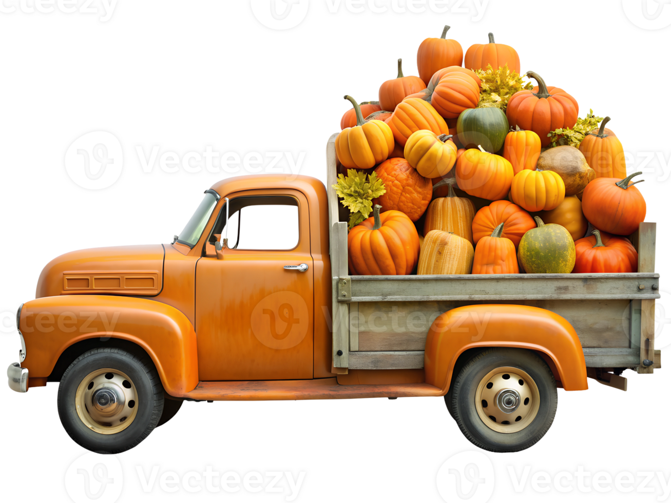Vintage orange truck loaded with pumpkins for autumn harvest, isolated transparent png