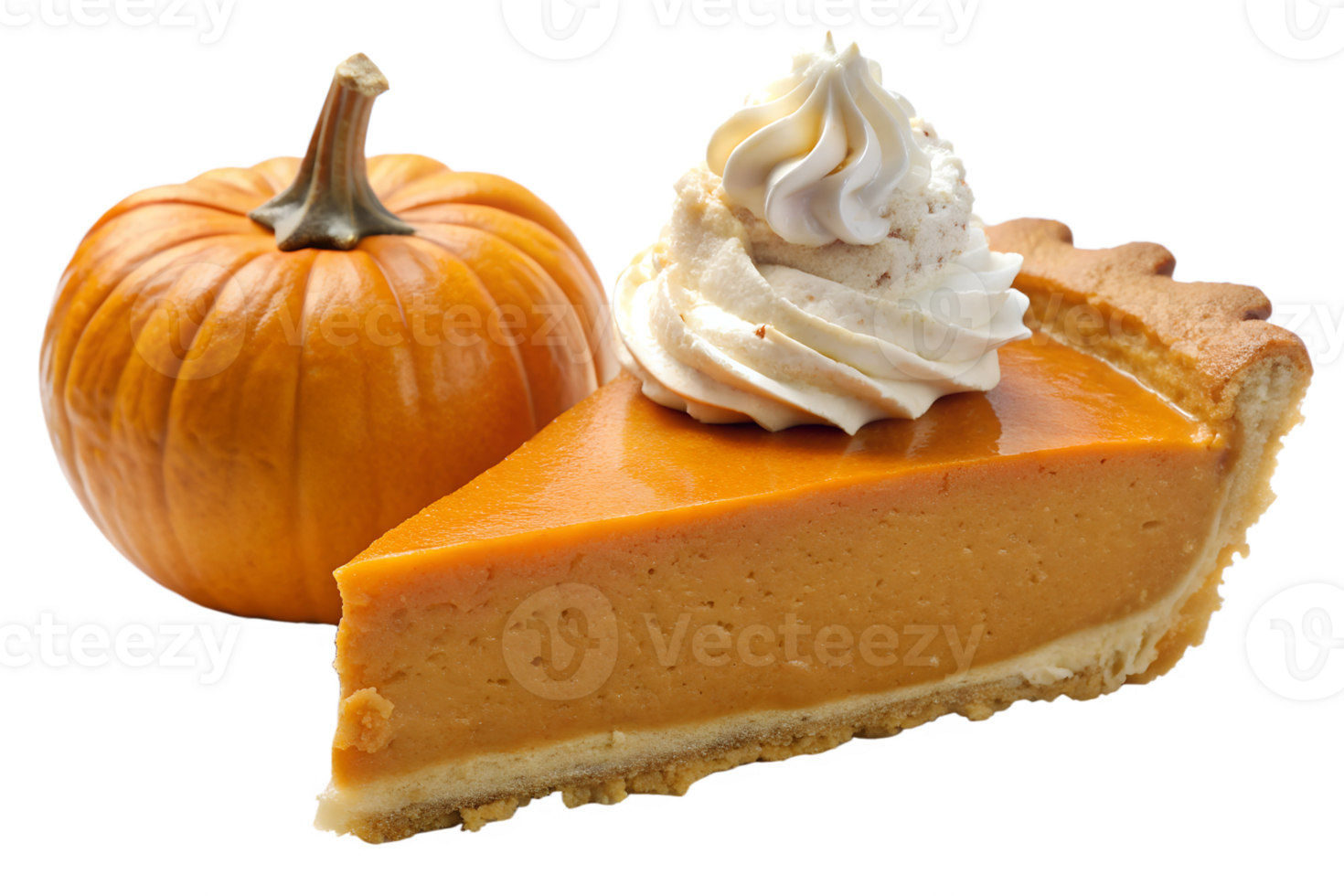 Slice of pumpkin pie with whipped cream, isolated transparent png