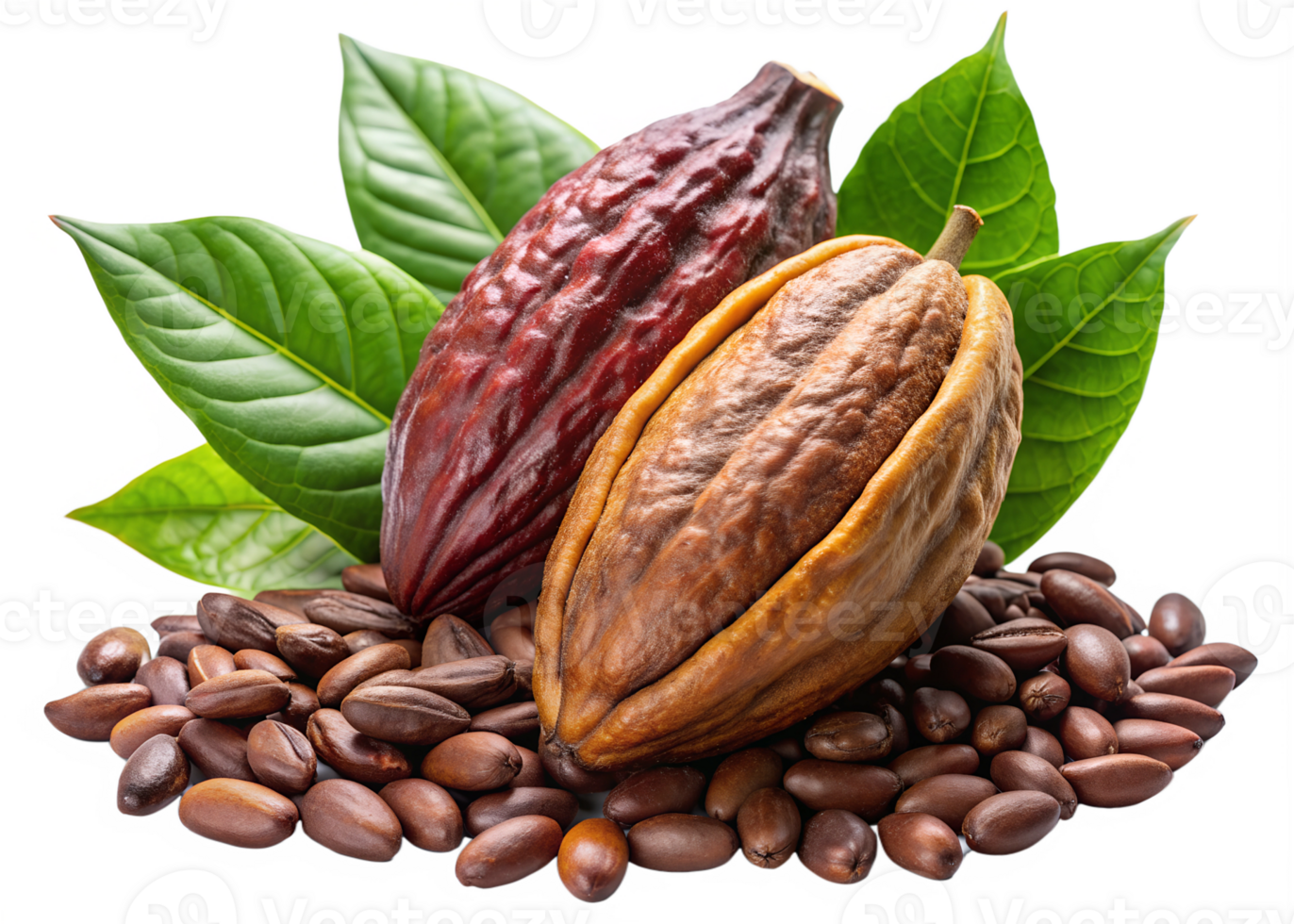 Two cacao pods with beans and leaves, isolated transparent png