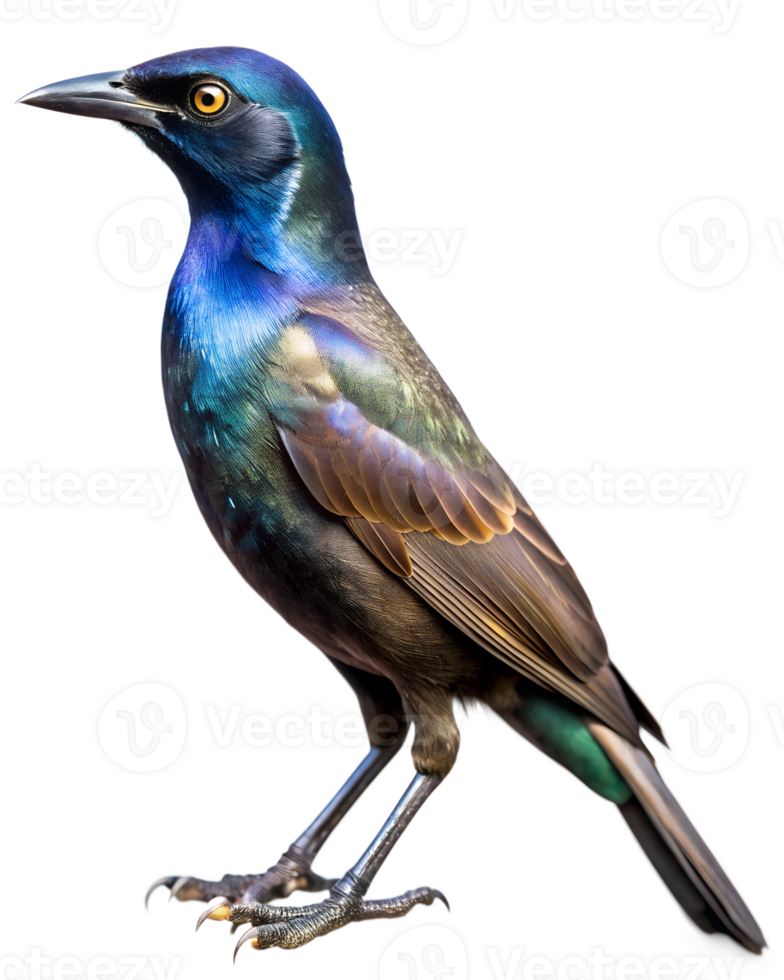 Iridescent common grackle bird with bright yellow eye, isolated transparent png