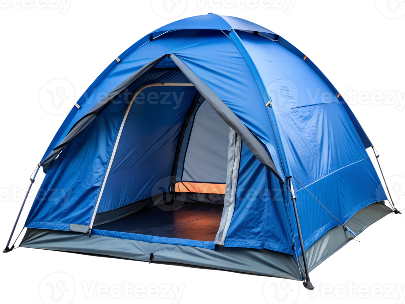 Blue camping tent with open entrance door, isolated transparent png