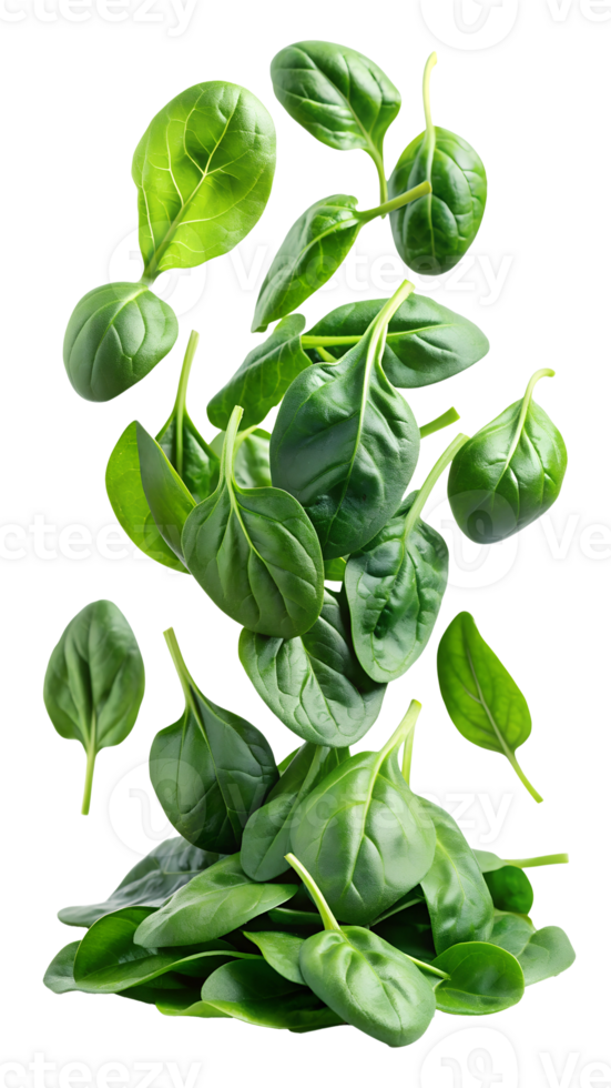 Fresh spinach leaves falling in mid-air, isolated transparent png