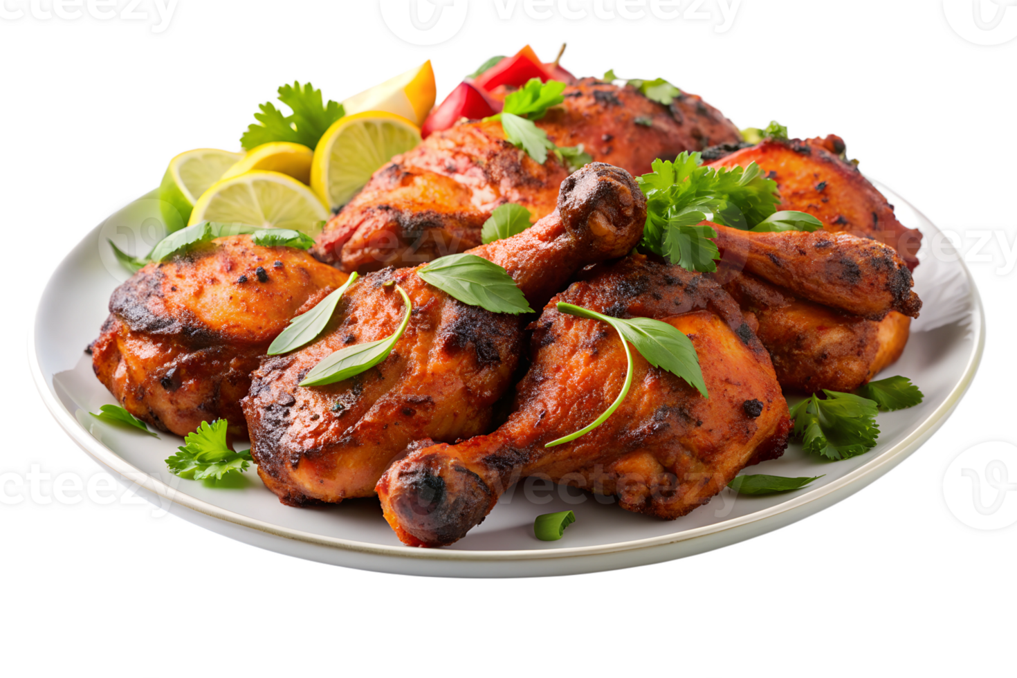 plate of grilled chicken drumsticks with lime and herbs, isolated transparent png