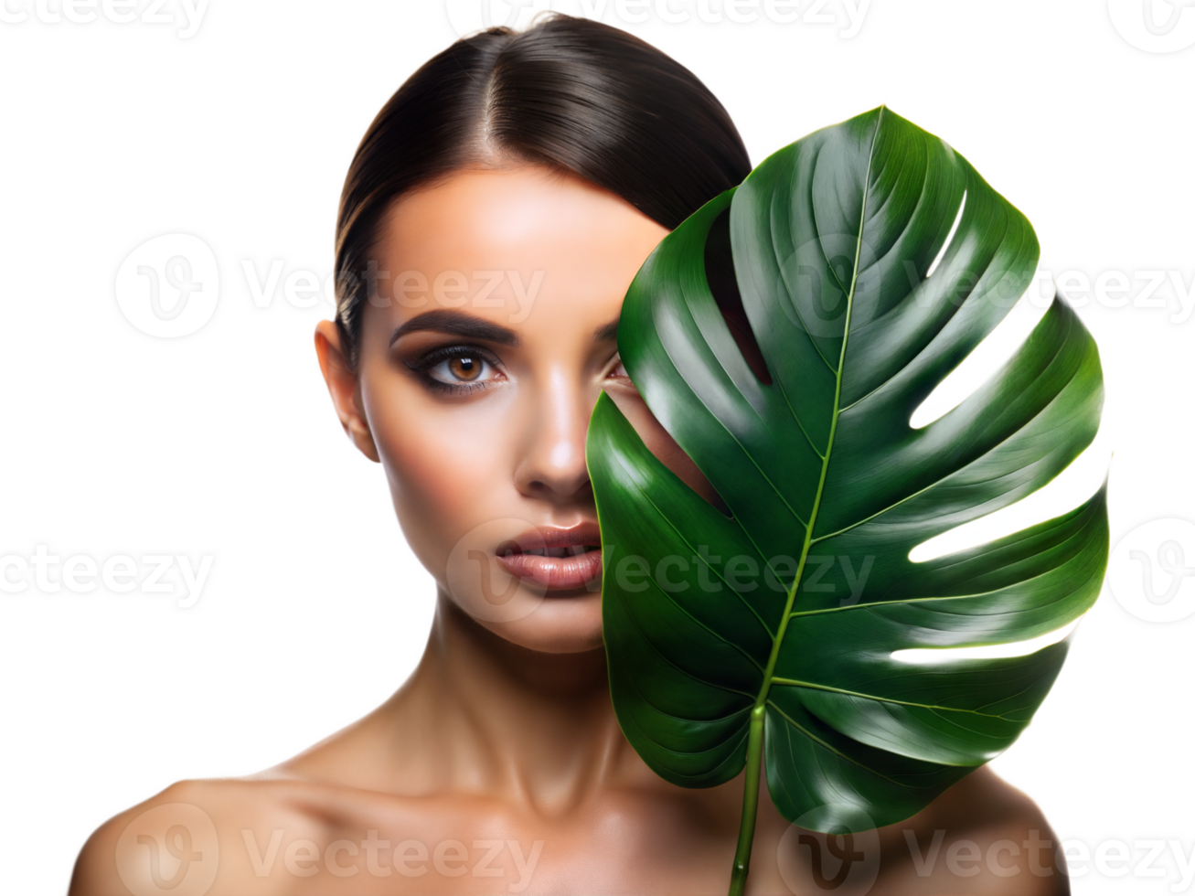 Close-up of woman with tropical leaf covering half of face, isolated transparent png