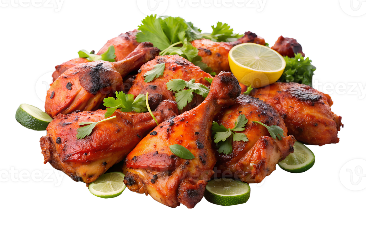 grilled chicken drumsticks with herbs and lime, isolated transparent png
