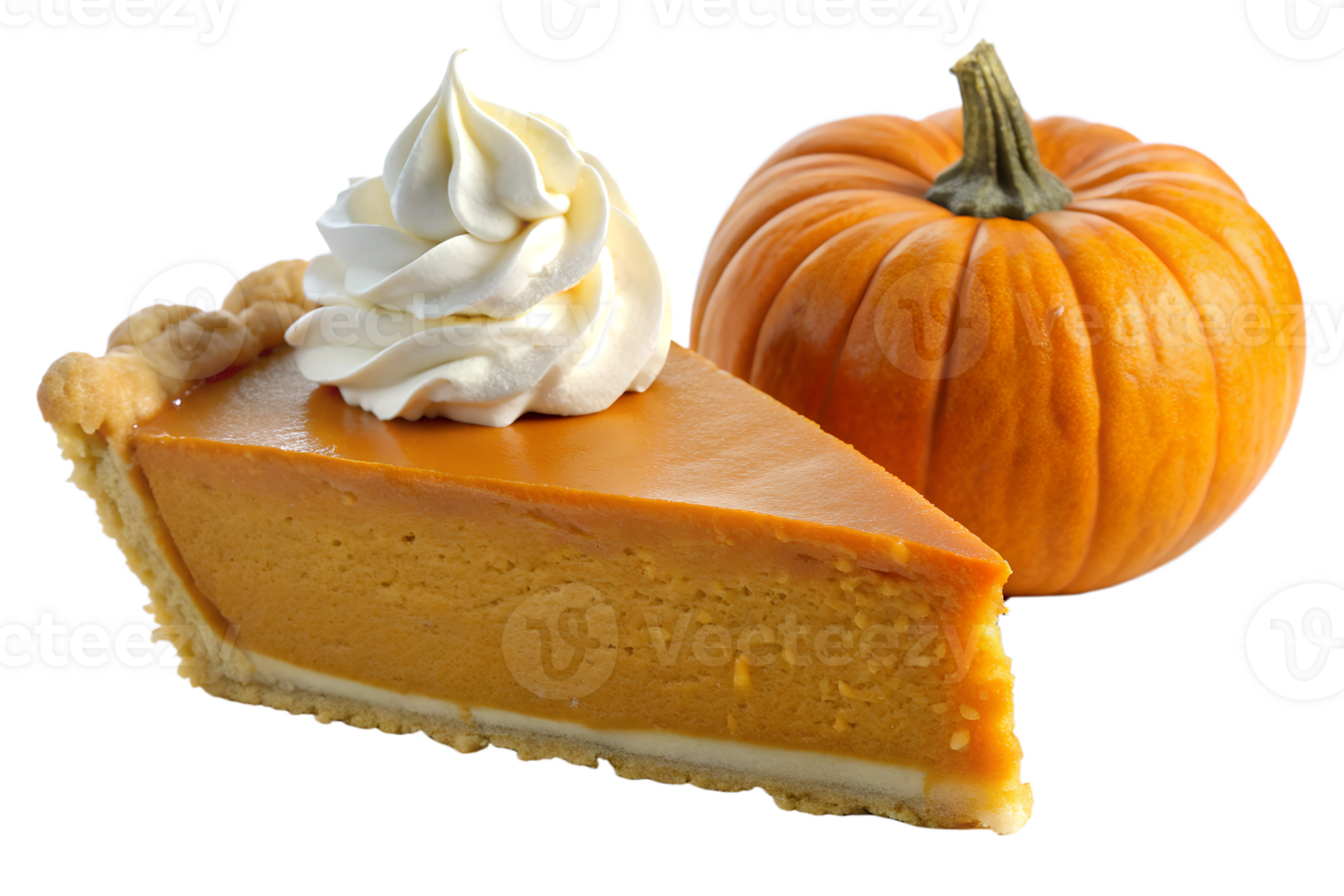 Pumpkin pie slice with whipped cream and whole pumpkin, isolated transparent png