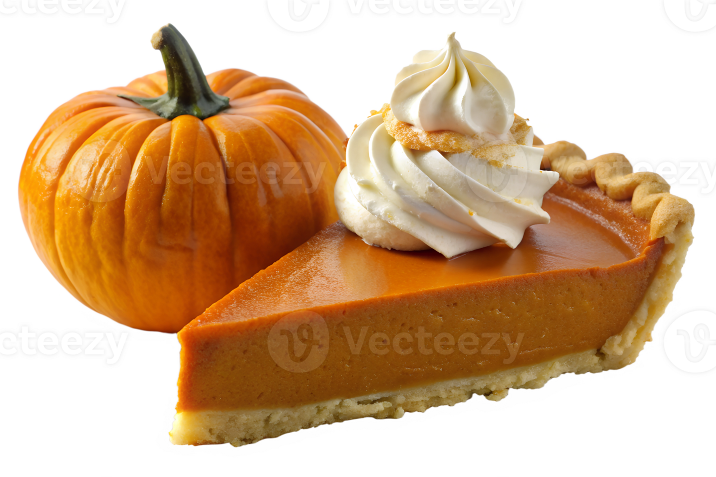 Pumpkin pie slice with whipped topping, isolated transparent png
