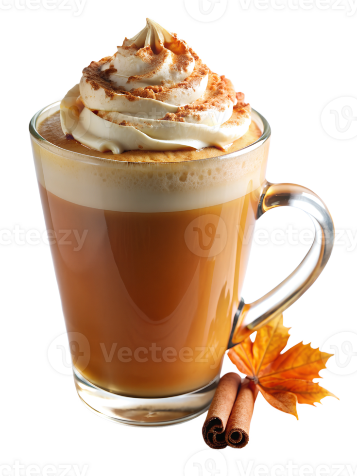 Autumn-themed latte with cinnamon sticks, isolated transparent png