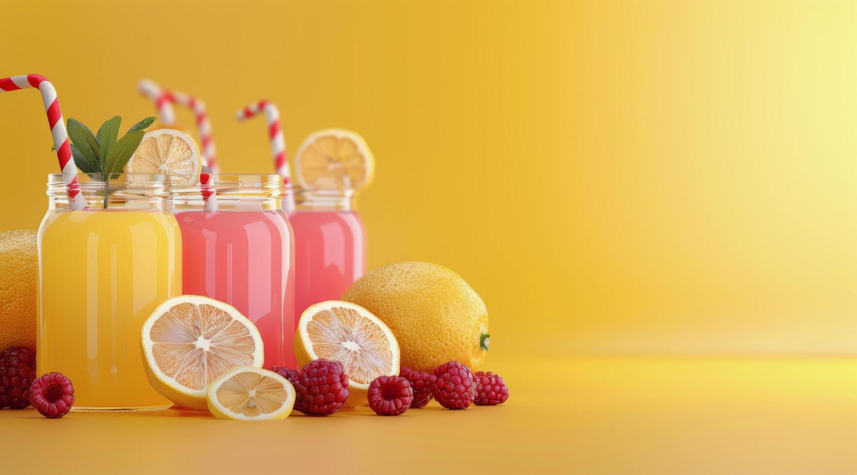 Refreshing Homemade Lemonade and Raspberry Drinks on Yellow Background photo