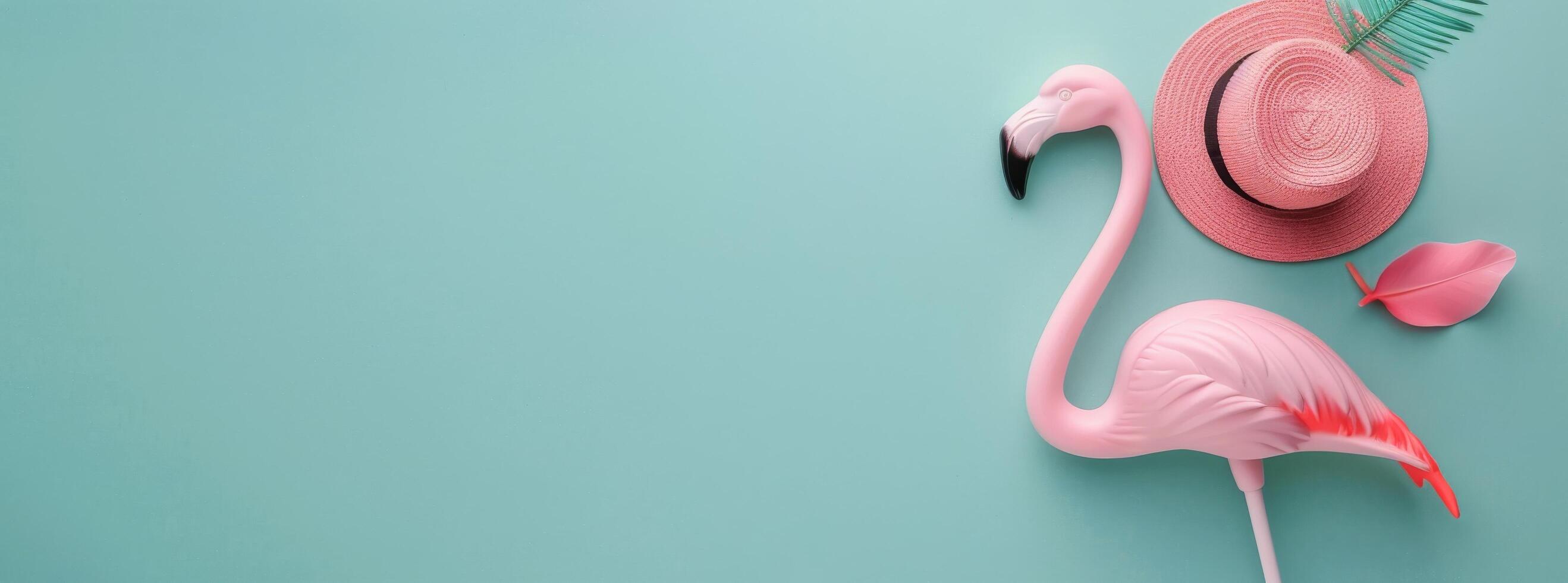 Flamingo Wearing Straw Hat Against Pastel Background photo