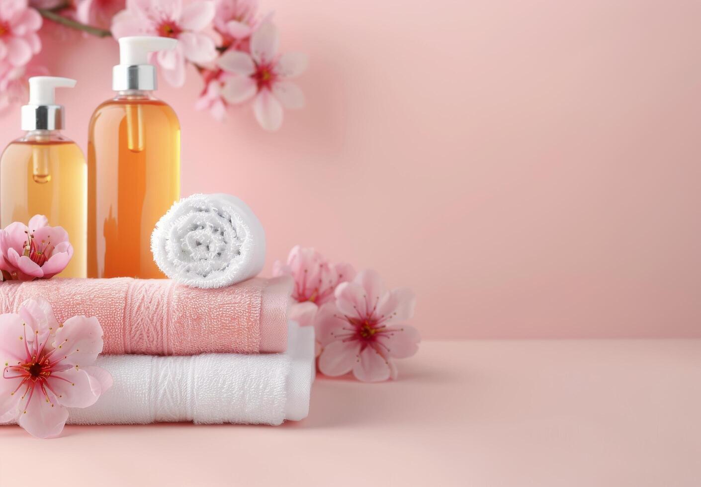 Spa Essentials With Towels And Flower Display On Soft Pink Background photo
