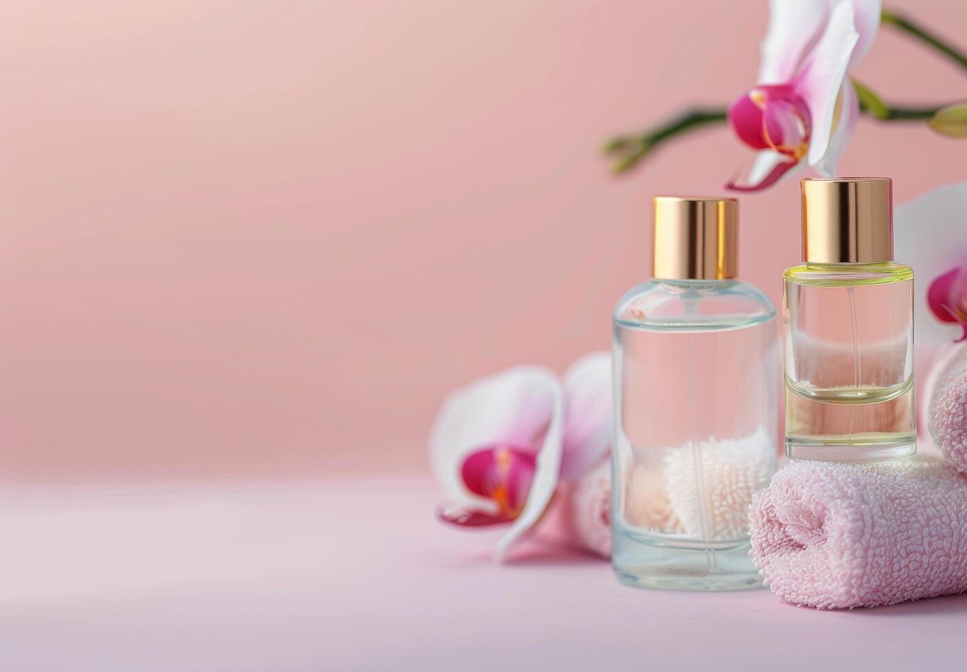 Elegant Floral Arrangement With Perfume Bottles and Spa Towel on Soft Pink Background photo
